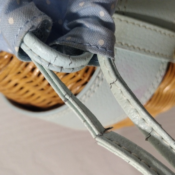 Samantha Thavasa Yellow Straw and Blue Leather Rattan Bag, Drawstring Handbag - Picture 12 of 14